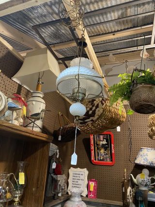 Vintage Hobnail Milk Glass Ceiling Hanging Hurricane Oil Lamp Light Fixture