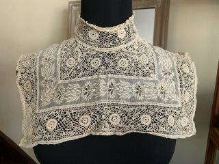 Exceptional Antique French Crochet Lace Collar W.  Handmade Embroidered Insertion