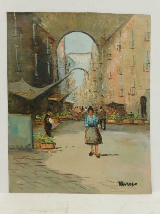 Vintage Old Painting Oil On Canvas Street Scene Signed