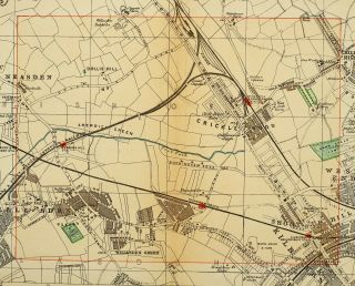 1891 Victorian Map Street Plan London Crickle Wood Willesden Green Stations