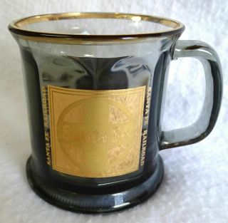 Vintage Santa Fe Railroad Glass Mug Goldtone Rim & Logo Made In Usa