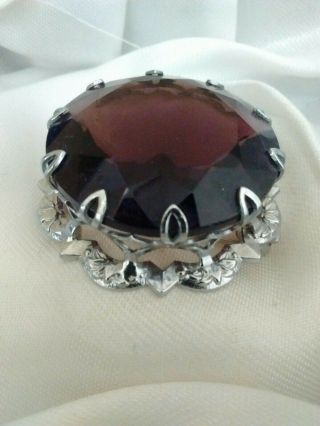 Vintage Signed Mizpah Claw Set Faceted Amethyst Glass Silver Tone Brooch Pin