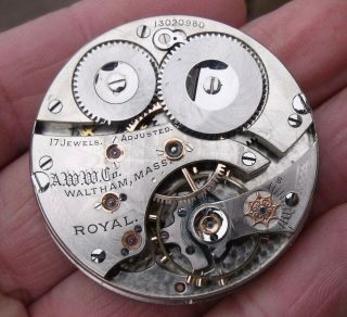 Antique Waltham Royal 17 Jewels Pocket Watch Movement,  Kuss & Sons Newcastle