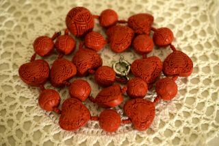 Antique Vintage Chinese Rare Carved Red Cinnabar Necklace.  Unique Heart Design