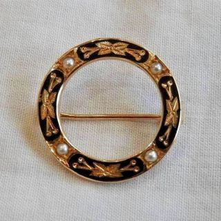 Antique 14k Yellow Gold,  Black Enamel & Pearls Open Circle Pin Or Brooch