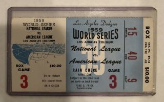 Vintage 1959 Game 3 World Series Ticket Stub (dodgers Vs White Sox)