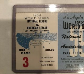 Vintage 1959 Game 3 World Series Ticket Stub (Dodgers Vs White Sox) 2