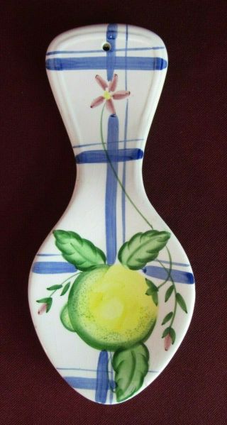 Vintage Porcelain Spoon Rest Holder Lemon On Blue Plaid