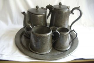 Antique / Vintage Bell Brand Hammered Pewter Tea & Coffee Set Xp785 Plus Tray.