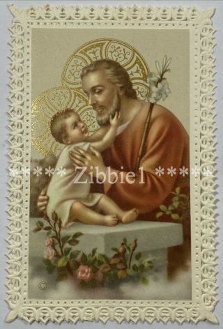 St Joseph With Christ Child,  Vintage Paper Lace Holy Devotional Card.