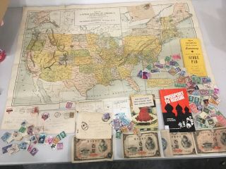 Junk Drawer Of Vintage Ephemera Items - Map,  Currency,  Stamps,  Advertising Items