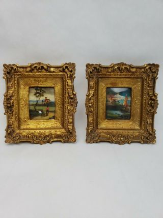 2 Vintage Mini Italian Signed Tara Productions Oil Paintings Gold Frame