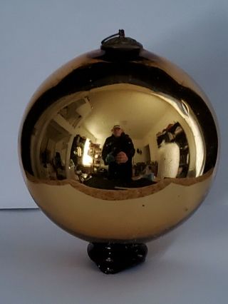 Large Antique German Kugel Christmas Ornament Gold Mercury Glass Bb96