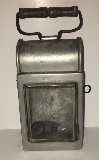 Antique Tin Candle Lantern Beveled Glass Lens Lamp Rare Aluminum Skaters