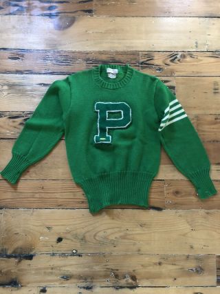 VINTAGE AUTHENTIC 1940 1950s VARSITY AWARD LETTER SWEATER FOOTBALL Green Wool IL 2