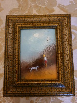 Vintage Child With Dog Scene Enamel On Copper Painting Signed Kay