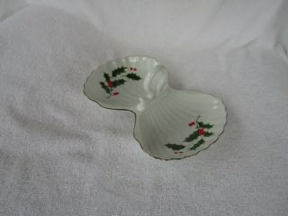 Vintage Christmas [ Holly Divided Candy Dish] With Handle Japan