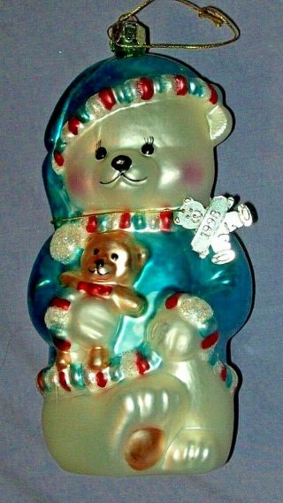 Vintage 1998 Santa’s Best Blue “cubby Bears” Blown Glass Christmas Ornament 7 "