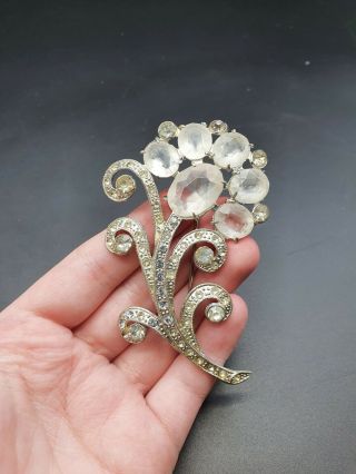 Vintage 1930s/1940s Huge Silver Tone And Glass Flower Brooch