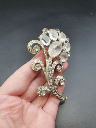 Vintage 1930s/1940s Huge Silver Tone And Glass Flower Brooch 2