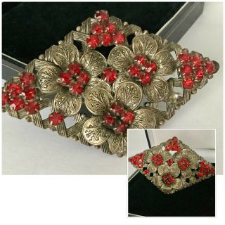 Vintage Art Deco Jewellery Silver Filigree Czech Red Crystal Flower Brooch Pin