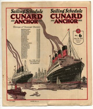 Sailing Schedule For Cunard And Anchor Lines 1931