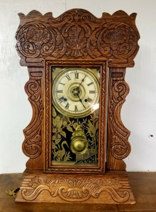 Antique Oak Parlor Or Kitchen Carved Gingerbread Clock With Alarm