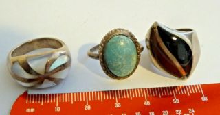3 X Vintage Silver And Mother Of Pearl / Agate And Stone Set Rings
