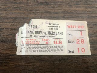 1935 University Of Maryland Vs Indiana Football Ticket Stub