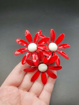 Vintage 1960s Huge Red And White Painted Flower Brooch