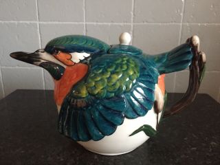 Stunning Vintage Handpainted Staffordshire Porcelain Kingfisher Teapot