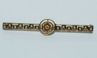 10k Yellow Gold Art Nouveau Diamond Seed Pearl Bar Pin Brooch 2 " Long 2.  88gm