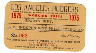 1975 Los Angeles Dodgers Press Pass Baseball