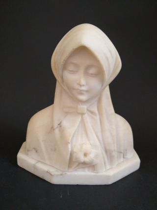 Old Antique Alabaster Marble Bust Of A Young Woman 6 " Scarf Flower