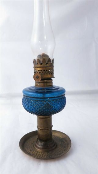 Vintage Blue Glass Diamond Pattern Hammered Tin Base Miniature Oil Lamp