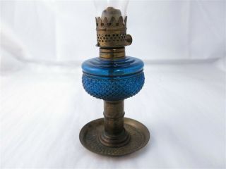 Vintage Blue Glass Diamond Pattern Hammered Tin Base Miniature Oil Lamp 2