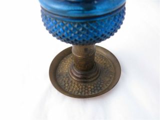 Vintage Blue Glass Diamond Pattern Hammered Tin Base Miniature Oil Lamp 3