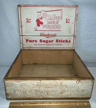 Antique Woodward Sugar Stick Wood Box Country Store Display Oh Boy Candy Sign Ia