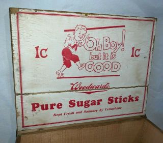 ANTIQUE WOODWARD SUGAR STICK WOOD BOX COUNTRY STORE DISPLAY OH BOY CANDY SIGN IA 2