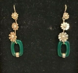 Unique Vintage Sterling Silver And Jade Type Stone/glass Drop Earrings