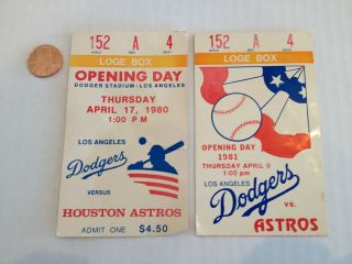1980 & 1981 Vintage Los Angeles Dodgers Opening Day Ticket Stubs Baseball Mlb