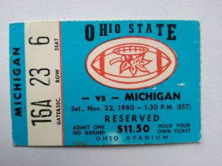 1980 Ohio State V Michigan Ticket Stub