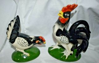 Estate Adorable Vintage Set Of Chicken And Rooster Ceramic Figurine Set Look