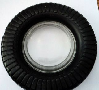 VINTAGE ASHTRAY RUBBER SEIBERLING TIRE WITH GLASS CENTER DISH 6 1/2 