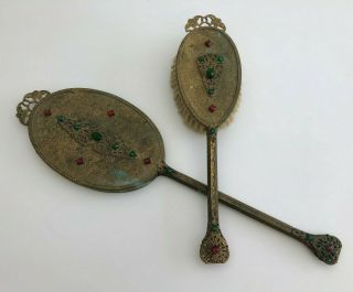Antique Rococo Jeweled Ormolu Filigree Vanity Hand Mirror & Brush Set