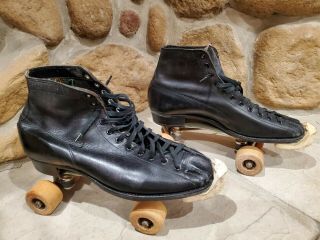 Vintage Hyde Black Roller Skates W/antique Case & Wooden Chicago Wheels Men 