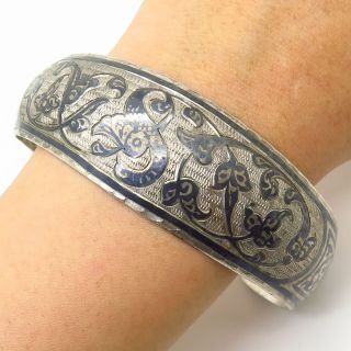 Antique Russian Empire 875 Silver Niello Wide Cuff Bracelet 8.  5 "