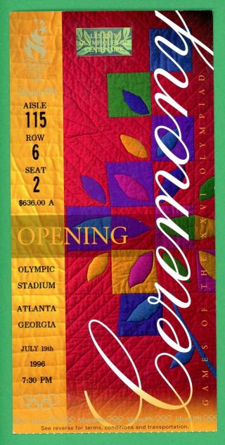 1996 Atlanta Summer Olympics Opening Ceremony Ticket Muhammad Ali Lights Flame