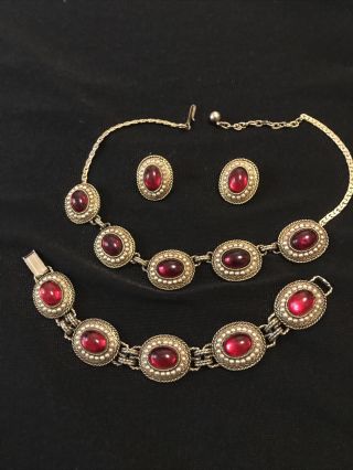 Antique Vintage Jewellcraft Necklace Bracket &earring Set Red Stones Faux Pearl