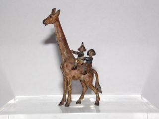 Rare Antique Cold Painted Bronze Miniature Figure Boy & Girl Riding A Giraffe
